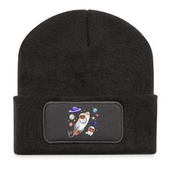 Un chien et un ours en peluche explorent l’espace - Beanie recyclé à patch - charbon - Devant