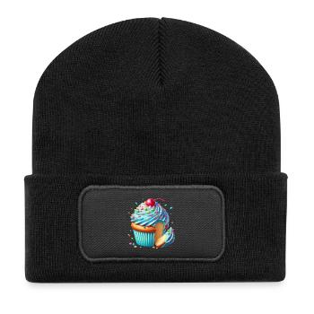 Blauer Cupcake mit bunten Streuseln - Recycelte Patch Beanie - Schwarz - Vorne