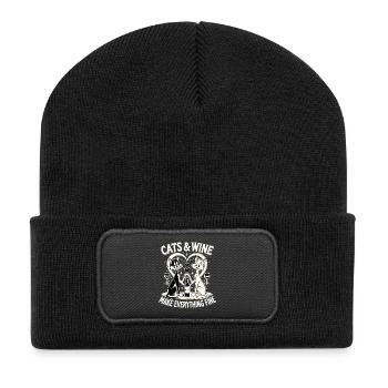 Katzen und Wein machen alles fein witzig Geschenk - Recycelte Patch Beanie - Schwarz - Vorne
