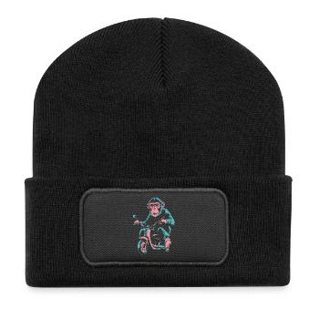 Affe auf dem Roller – Retro Streetstyle - Recycelte Patch Beanie - Schwarz - Vorne