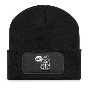 Cooler Hund im Streetstyle - Recycelte Patch Beanie - Schwarz - Vorne