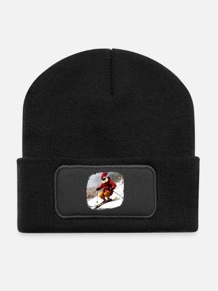 Hühner Ski / Skifahrer Huhn - Recycelte Patch Beanie - Schwarz