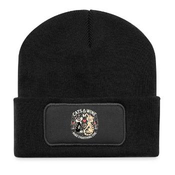 Katzen und Wein machen alles fein witzig Geschenk - Recycelte Patch Beanie - Schwarz - Vorne