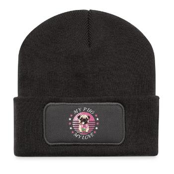 Mops Hund - Recycelte Patch Beanie - Dunkelgrau - Vorne