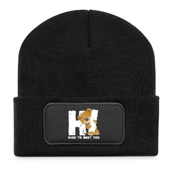 Niedlicher Teddybär Begrüßung englischer Spruch - Recycelte Patch Beanie - Schwarz - Vorne