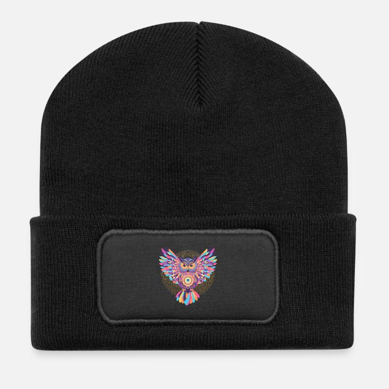 Rainbow mandala owl - Recycled Patch Beanie - black