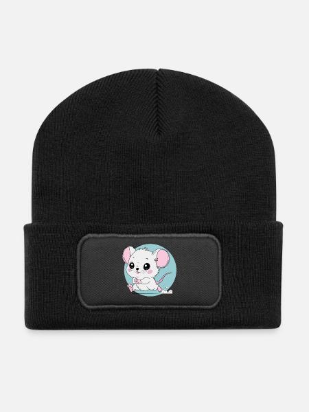 Funny Cartoon Running Mouse Art - Cheese Lover - Recycled Patch Beanie - black