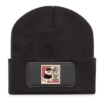 Pomeranian Dog "I am a thief" - Recycled Patch Beanie - dark grey - Front