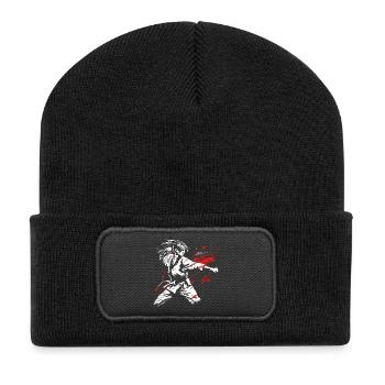 Weibliche Karateka Zeichnung - Recycelte Patch Beanie - Schwarz - Vorne