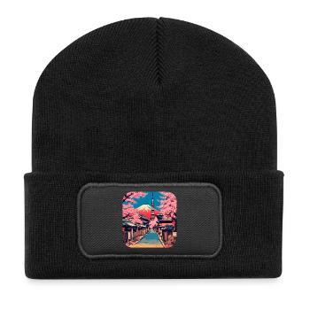 Tokio Tempel Kirschblüte Weltreise - Recycelte Patch Beanie - Schwarz - Vorne