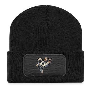 Pug Dog Karate Cartoon Martial Arts Training - Recycled Patch Beanie - black - Front