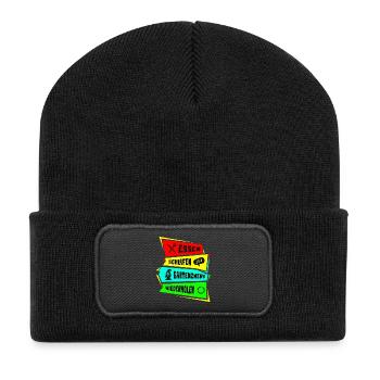 Essen schlafen Gartenzwerk wiederholen - Recycelte Patch Beanie - Schwarz - Vorne