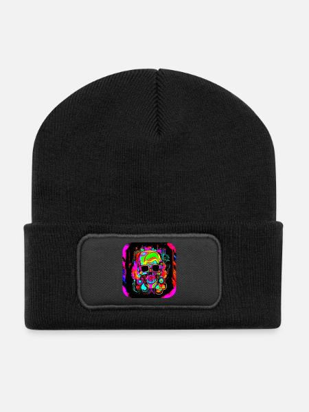 Neon Style Schädel Leuchtreklame Glow - Recycelte Patch Beanie - Schwarz