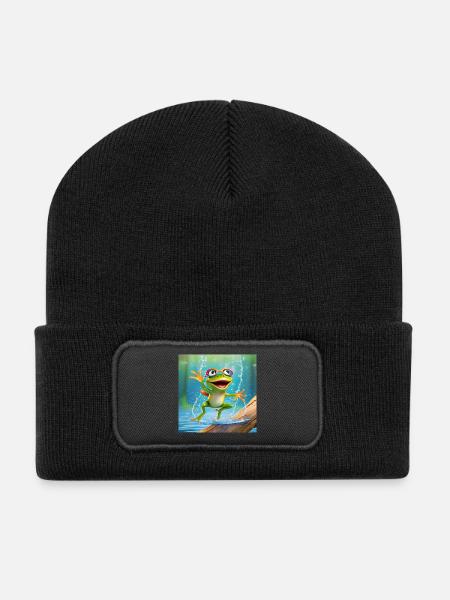 Frosch, Amphibie, Laubfrosch - Recycelte Patch Beanie - Schwarz