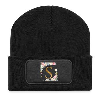 S Monogramm, Floral, personalisierbar - Recycelte Patch Beanie - Schwarz - Vorne
