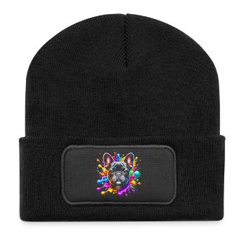 Französische Bulldogge mit bunten Farbklecksen - Recycelte Patch Beanie - Schwarz - Vorne