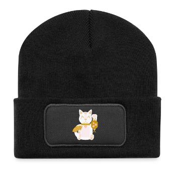 Maneki Neko L Glückskatze mit Fächer und Laterne - Recycelte Patch Beanie - Schwarz - Vorne