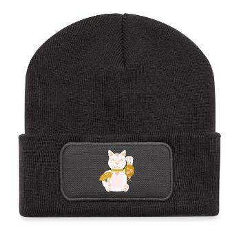 Maneki Neko L Glückskatze mit Fächer und Laterne - Recycelte Patch Beanie - Dunkelgrau - Vorne