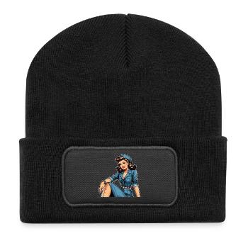 Pin Up Retro Stewardess Flight Attendant Gift - Recycled Patch Beanie - black - Front