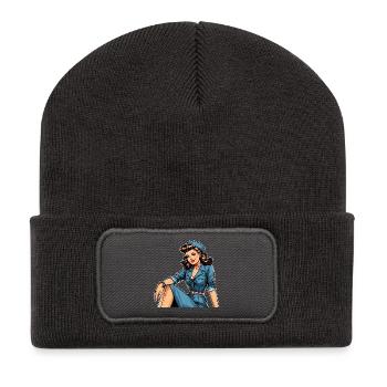 Pin Up Retro Stewardess Flugbegleiterin Geschenk - Recycelte Patch Beanie - Dunkelgrau - Vorne
