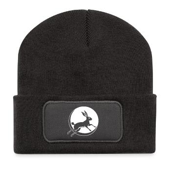Hase springender mit Mondsichel Ostern Ostara - Recycelte Patch Beanie - Dunkelgrau - Vorne