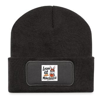 Lesen ist Möhrenzeit - Häschenillustration - Recycelte Patch Beanie - Dunkelgrau - Vorne