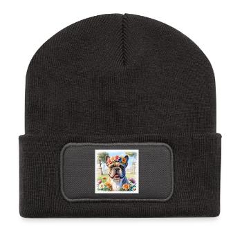 Frühling Französische Bulldogge mit Blumenkranz - Recycelte Patch Beanie - Dunkelgrau - Vorne