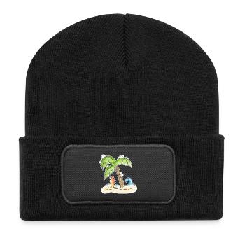 Surfbrett unter Palme - Recycelte Patch Beanie - Schwarz - Vorne