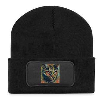 Farbenfrohe Katzenaugen ART - Recycelte Patch Beanie - Schwarz - Vorne
