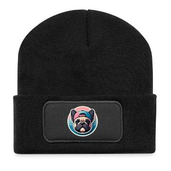 Französische Bulldogge mit Kappe in Pastellfarben - Recycelte Patch Beanie - Schwarz - Vorne