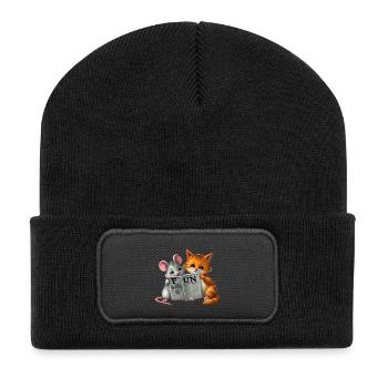 Niedliches Katzen-Mäuse-Paar im Zeitungslayout - Recycelte Patch Beanie - Schwarz - Vorne