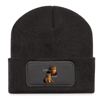 Cat with dumbbell and life crisis - Recycled Patch Beanie - dark grey - Front