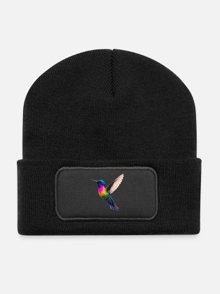 Vibrant Rainbow Hummingbird Design - Recycled Patch Beanie - black