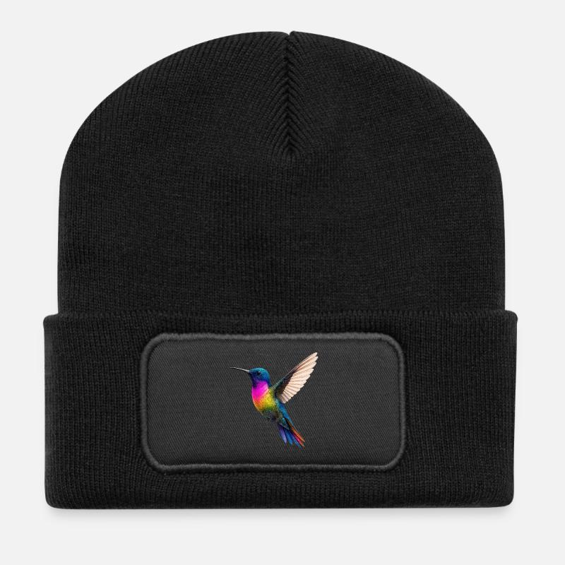 Vibrant Rainbow Hummingbird Design - Recycled Patch Beanie - black