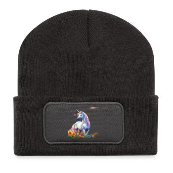 Licorne céleste dans le champ des fleurs avec Schmetterlin - Beanie recyclé à patch - charbon - Devant