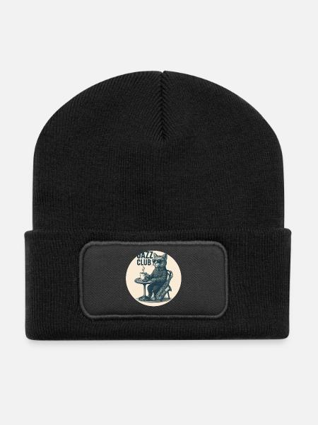 Cool Jazz Cat with Saxophone - Vintage Club - Recycled Patch Beanie - black