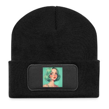Mintgruen Pop-Art Portrait Dame - Recycelte Patch Beanie - Schwarz - Vorne