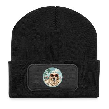 Golden Retreiver Dog on the Beach with Red Glasses - Recycled Patch Beanie - black - Front