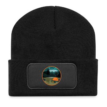 Camping de nuit dans la forêt avec feu de camp et tente - Beanie recyclé à patch - noir - Devant