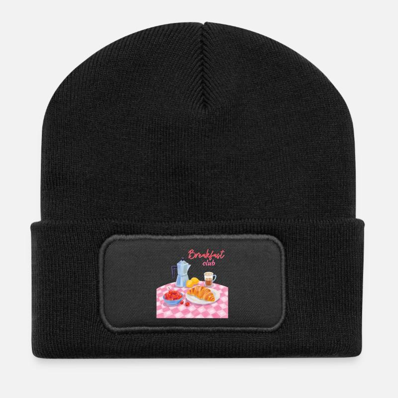 Breakfast Club Frühstück mit Croissant und Kaffee - Recycelte Patch Beanie - Schwarz