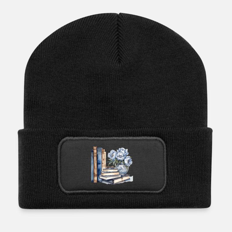 Illustriertes klassisches Buch und Blumenarrangement - Recycelte Patch Beanie - Schwarz