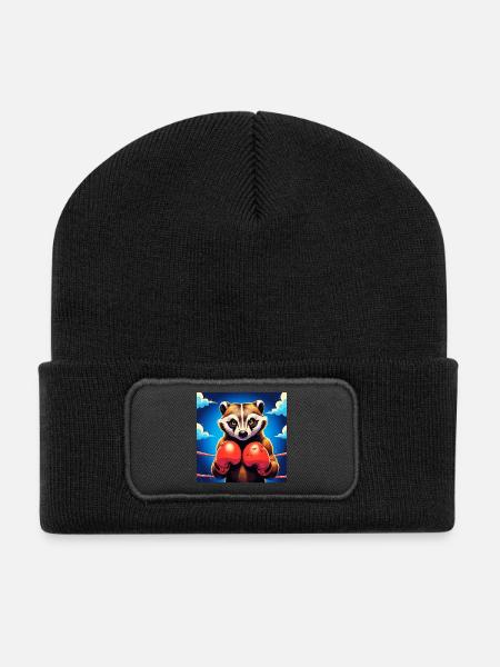 Boxing Raccoon Illustration - Recycled Patch Beanie - black