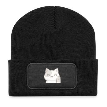 Chat Kawaii Agitateur, Porte-Bonheur Style Chibi - Beanie recyclé à patch - noir - Devant