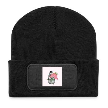 Niedlicher Pinguin mit Pfingstrose - Recycelte Patch Beanie - Schwarz - Vorne