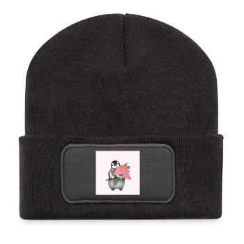 Niedlicher Pinguin mit Pfingstrose - Recycelte Patch Beanie - Dunkelgrau - Vorne