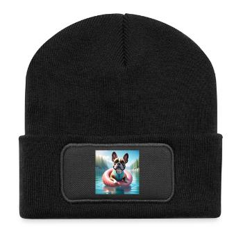 Bouledogue français ludique sur anneau d’eau - Beanie recyclé à patch - noir - Devant