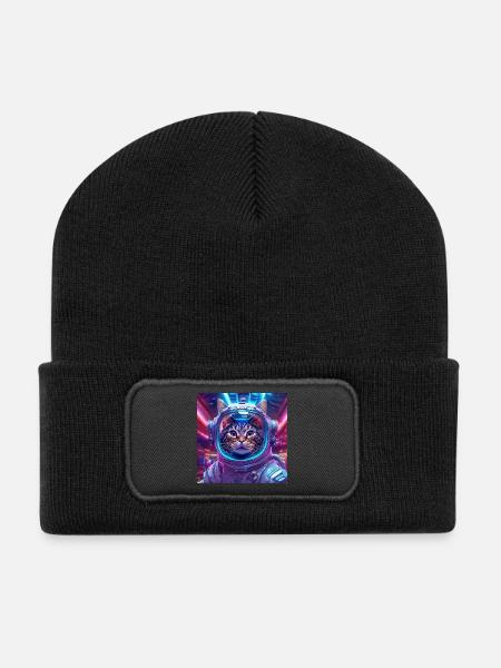 01 Katzenastronaut im Neonraum - Recycelte Patch Beanie - Schwarz