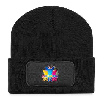 Bunte Chihuahua Silhouetten mit Pop-Art Schriftzug - Recycelte Patch Beanie - Schwarz - Vorne