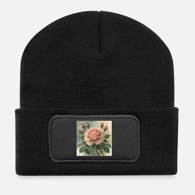 Elegant zart rosa Rosenblüte - Recycelte Patch Beanie - Schwarz