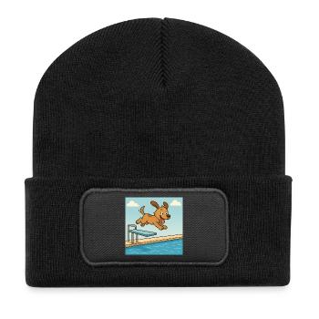 Playful dog jumping into the water - Recycled Patch Beanie - black - Front